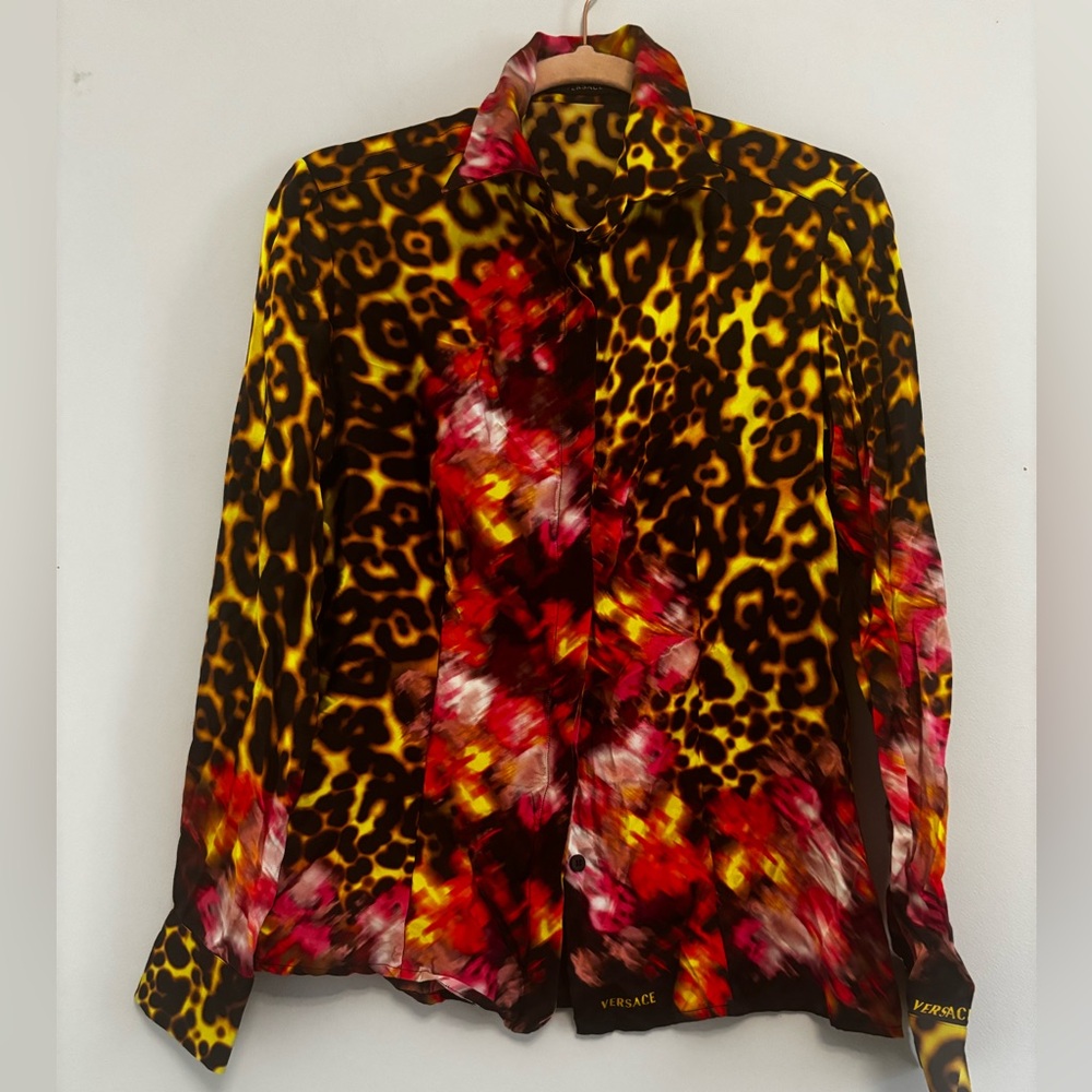 Versace Red and Yellow Leopard Print Blouse